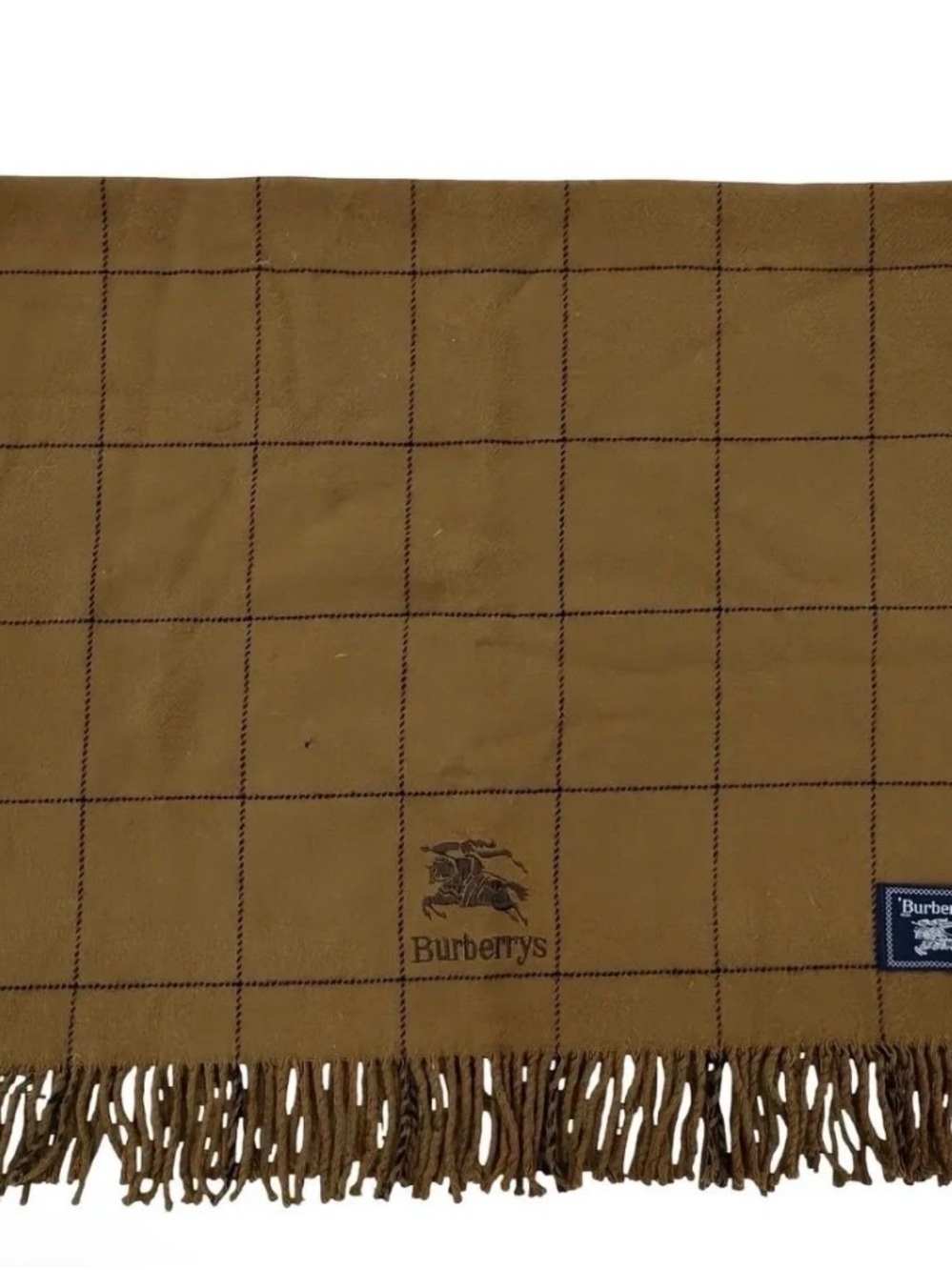Burberrys Tan Grid Wool Scarf with Fringe